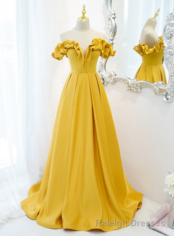Vintage Yellow Satin Off the Shoulder Prom Dress