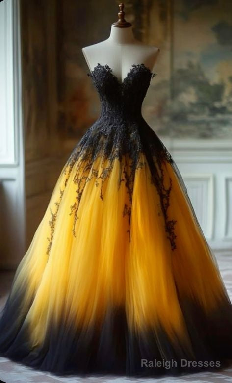 Vintage Yellow Sweetheart Neck Tulle A-Line Prom Dress Gorgeous Evening Dress Secondary image