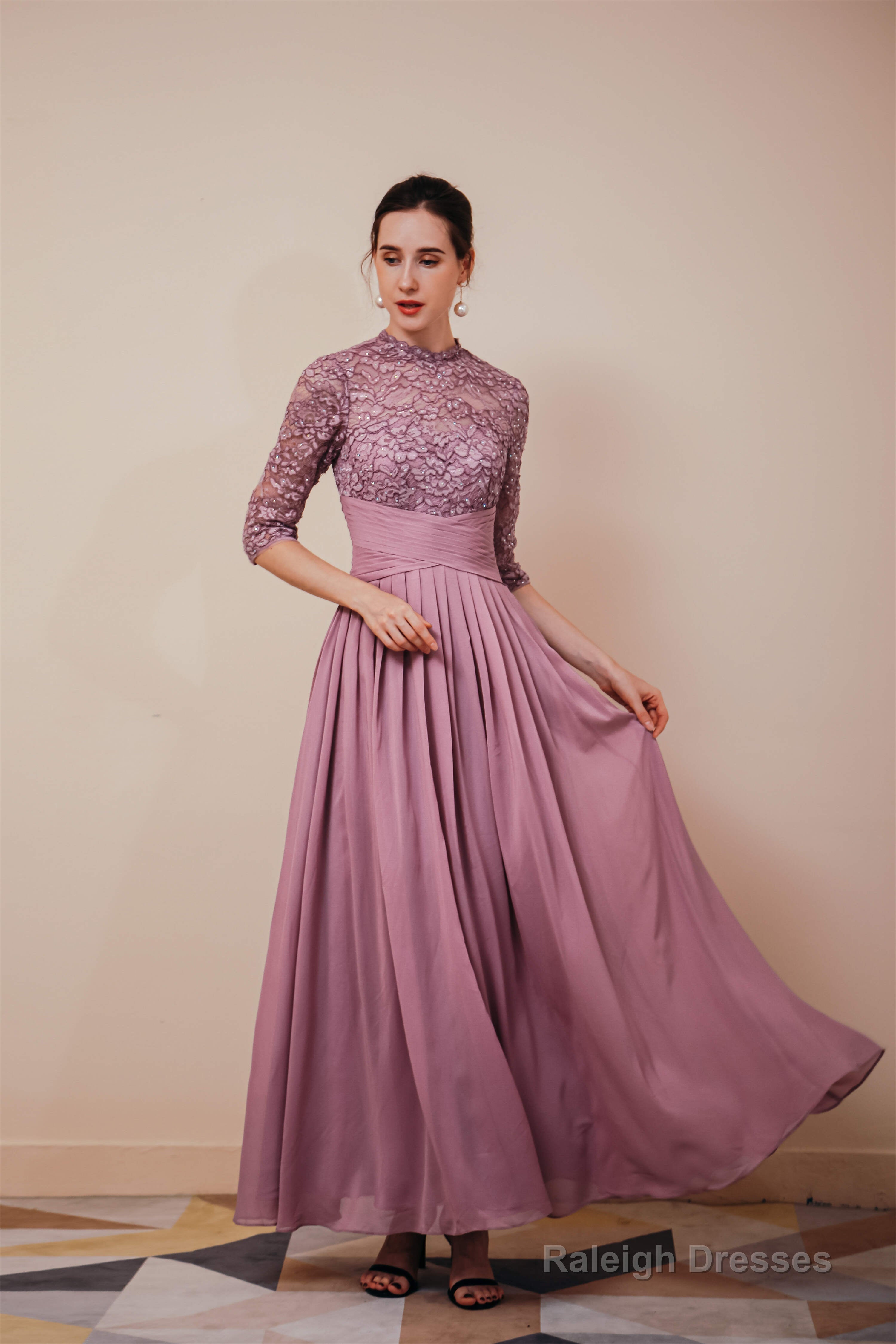 Lace Chiffon Long Zipper Back Mother of the Bride Dresses With Sleeves