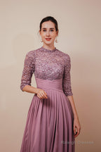 Lace Chiffon Long Zipper Back Mother of the Bride Dresses With Sleeves