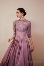 Lace Chiffon Long Zipper Back Mother of the Bride Dresses With Sleeves