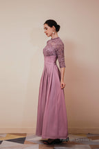 Lace Chiffon Long Zipper Back Mother of the Bride Dresses With Sleeves