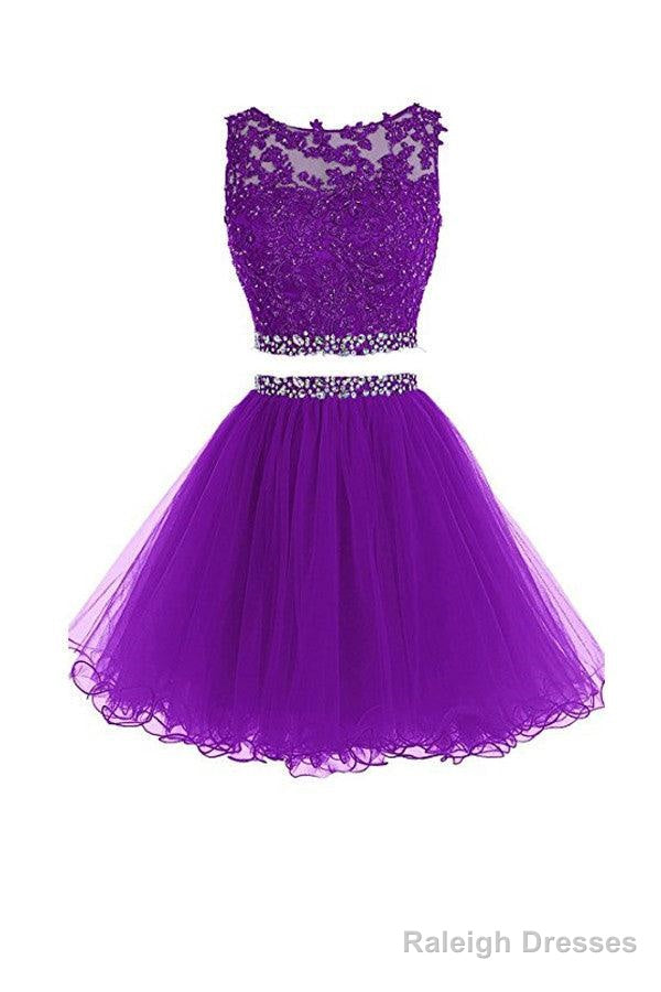 Violet Two Piece Tulle Homecoming Dresses Short Prom Dresses With Beading Main image