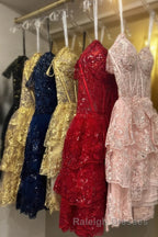 Red Off-the-Shoulder Lace Multi-Layers Appliques Sequins Homecoming Dress