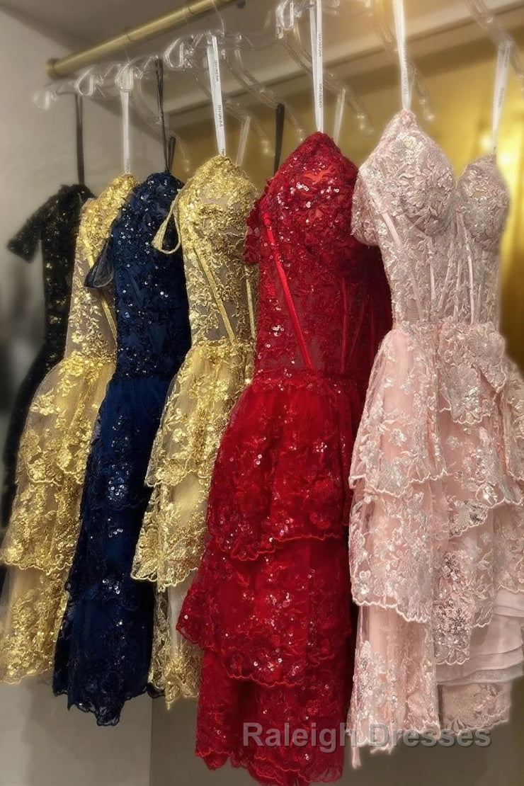 Red Off-the-Shoulder Lace Multi-Layers Appliques Sequins Homecoming Dresses