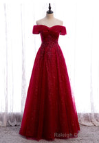 Burgundy Lace Long Prom Dresses, A-Line Off the Shoulder Evening Dresses