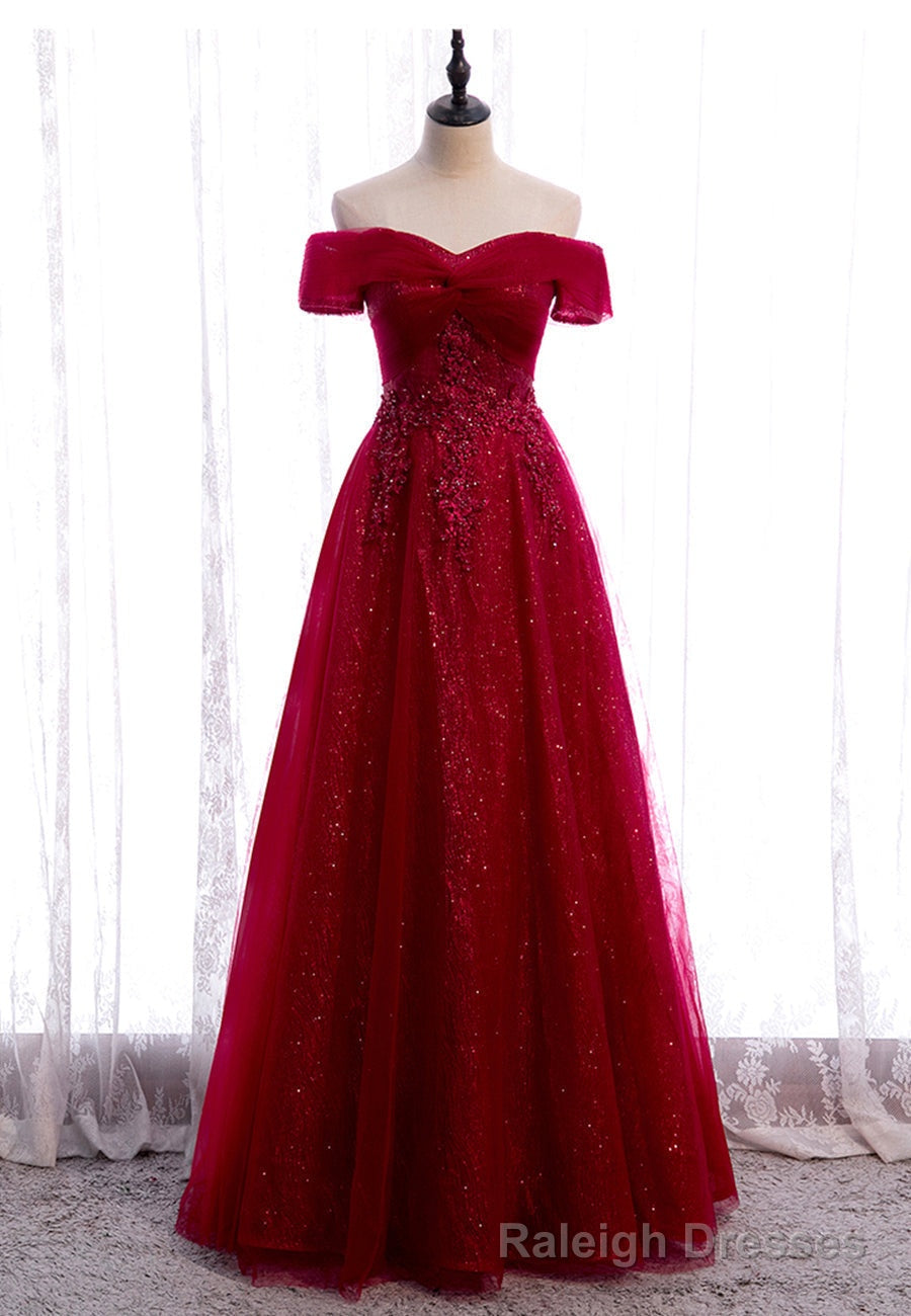 Burgundy Lace Long Prom Dresses, A-Line Off the Shoulder Evening Dresses