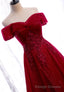 Burgundy Lace Long Prom Dresses, A-Line Off the Shoulder Evening Dresses