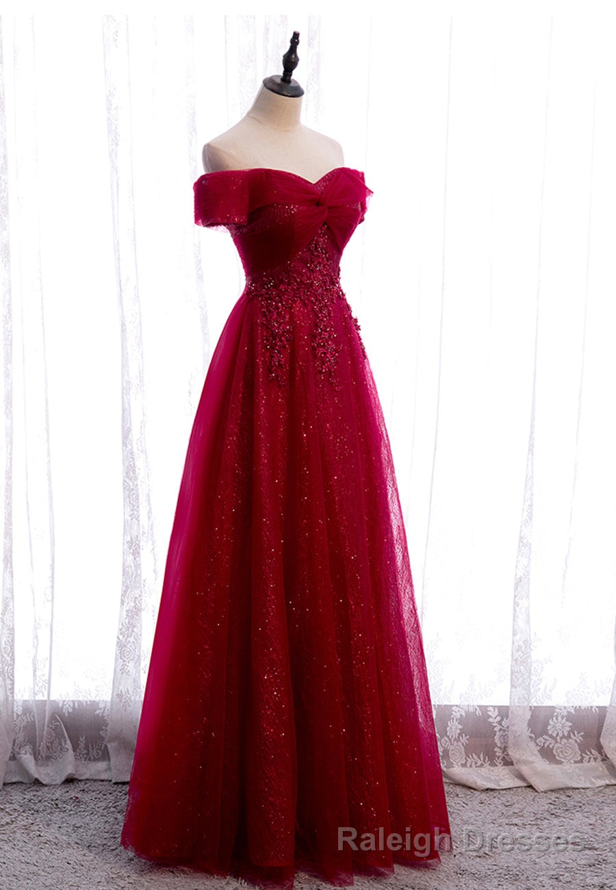 Burgundy Lace Long Prom Dresses, A-Line Off the Shoulder Evening Dresses Secondary image