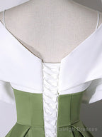 White+Green Satin Floor Length Prom Dress, V-Neck Off the Shoulder Evening Dress