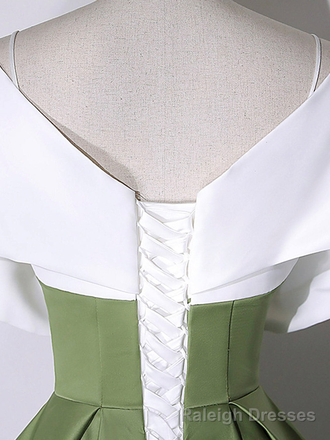 White+Green Satin Floor Length Prom Dress, V-Neck Off the Shoulder Evening Dress