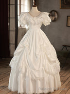 White V Neck Satin Long Prom Dress, Lace Wedding Dress