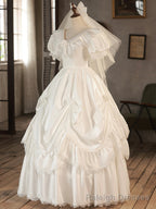 White V-Neck Satin Long Prom Dress, Lace Wedding Dress