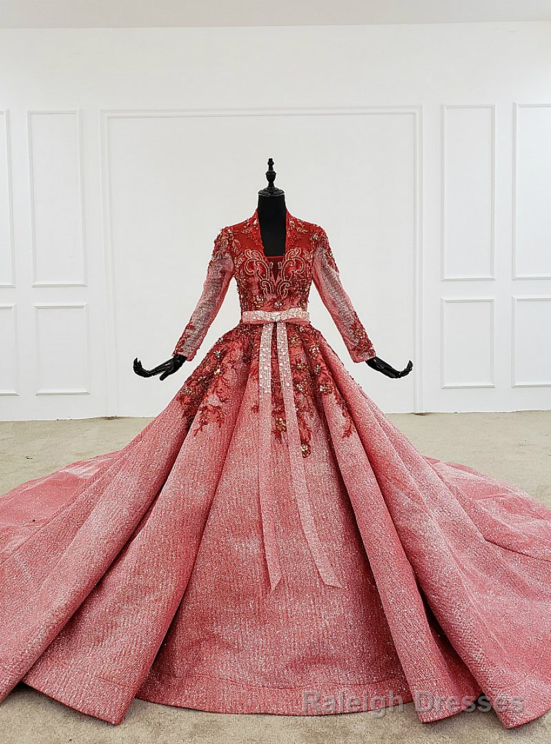Watermelon Red Ball Gown Sequins V-neck Long Sleeve Beading Wedding Dress Main image