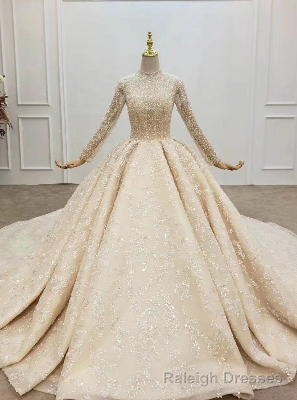 We Offer a Large Numbers Of Dark Champagne Tulle Sequins Beading High Neck Long Sleeve Wedding Dress Main image