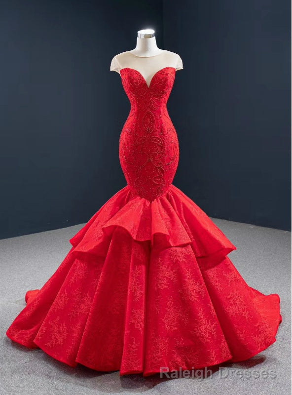 We Offer a Large Numbers Of Red Mermaid Lace Cap Sleeve Beading See Through Neck Prom Dress Main image