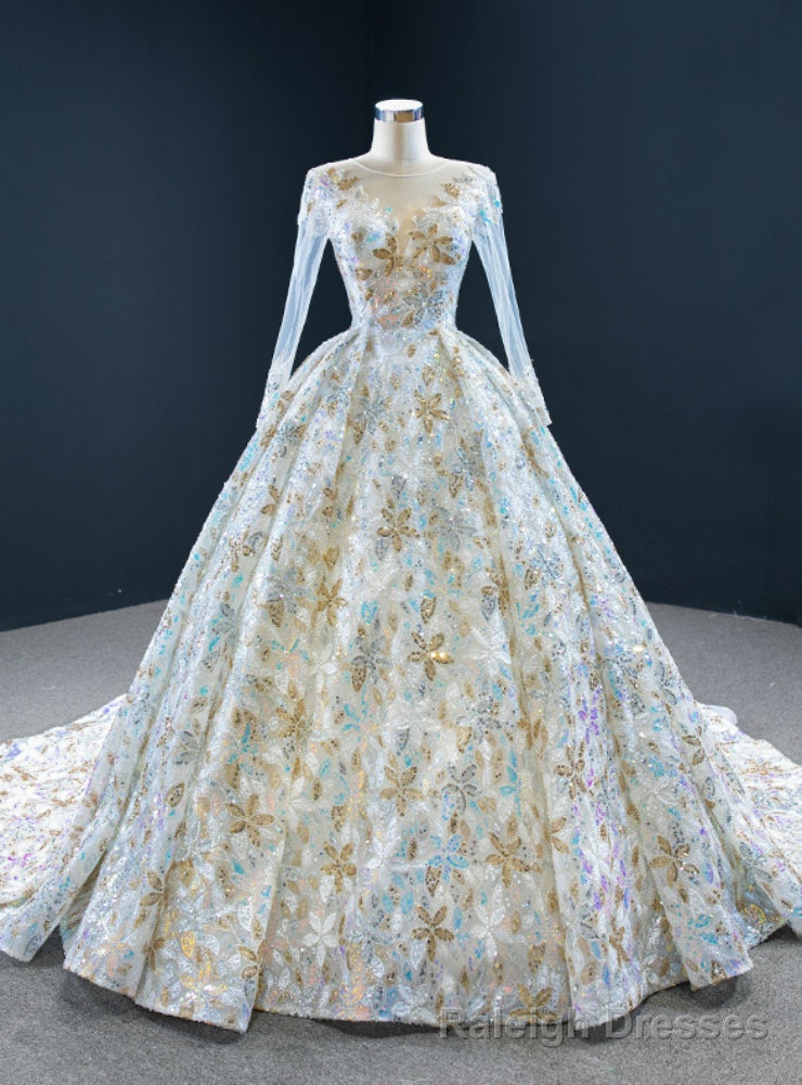 We Provide Colorful Sequins Ball Gown Long Sleeve Pleats Wedding Dress Main image