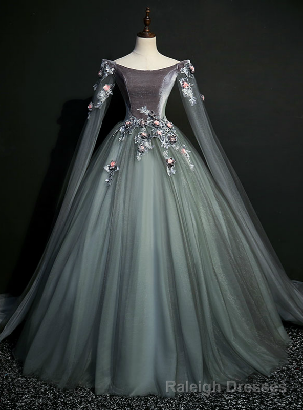 We Provide Gray Tulle Velvet Off the Shoulder Appliques Quinceanera Dress Main image
