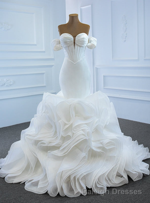 We Provide White Mermaid Satin Organza Sweetheart Pleats Wedding Dress Main image