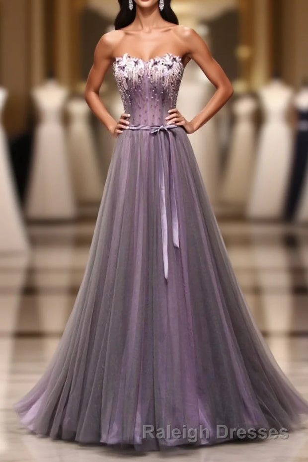 Pruple Tulle Sweetheart Neck Long Prom Dress, Evening Dress Main image