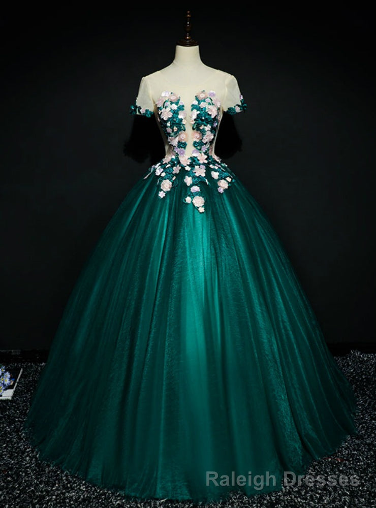 Wear a Classic Green Ball Gown Tulle Short Sleeve Appliques Quinceanera Dress