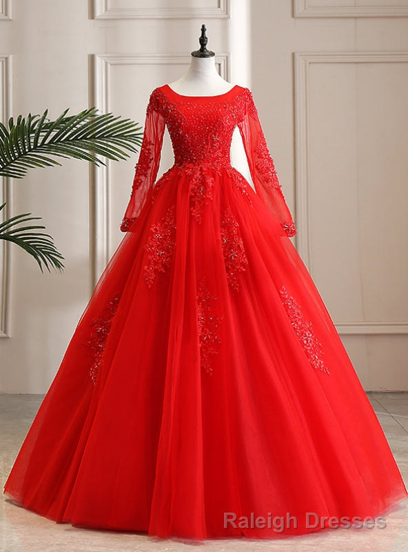 Wear a Classic Red Tulle Lace Appliques Long Sleeve Beading Quinceanera Dress Main image