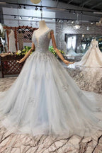 Wedding Dress V Neck Lace Up Back Beads Prom Dresses Tulle
