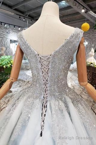 Wedding Dresses V Neck Lace Up Back Beads Prom Dress Tulle