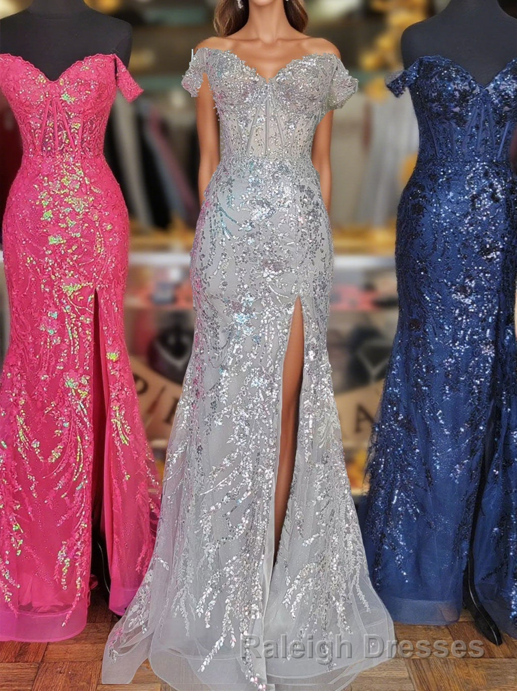 Fuchsia Off-Shoulder Sequined Floral Mermaid Long Prom Dress with Slit Main image