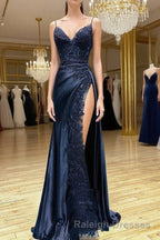 Dark Blue V Neck Satin Lace Long Prom Dresses Dark Blue Lace Long Prom Dresses