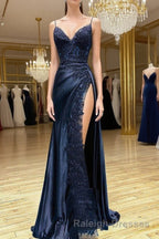 Dark Blue V Neck Satin Lace Long Prom Dress, Dark Blue Lace Long Evening Dress
