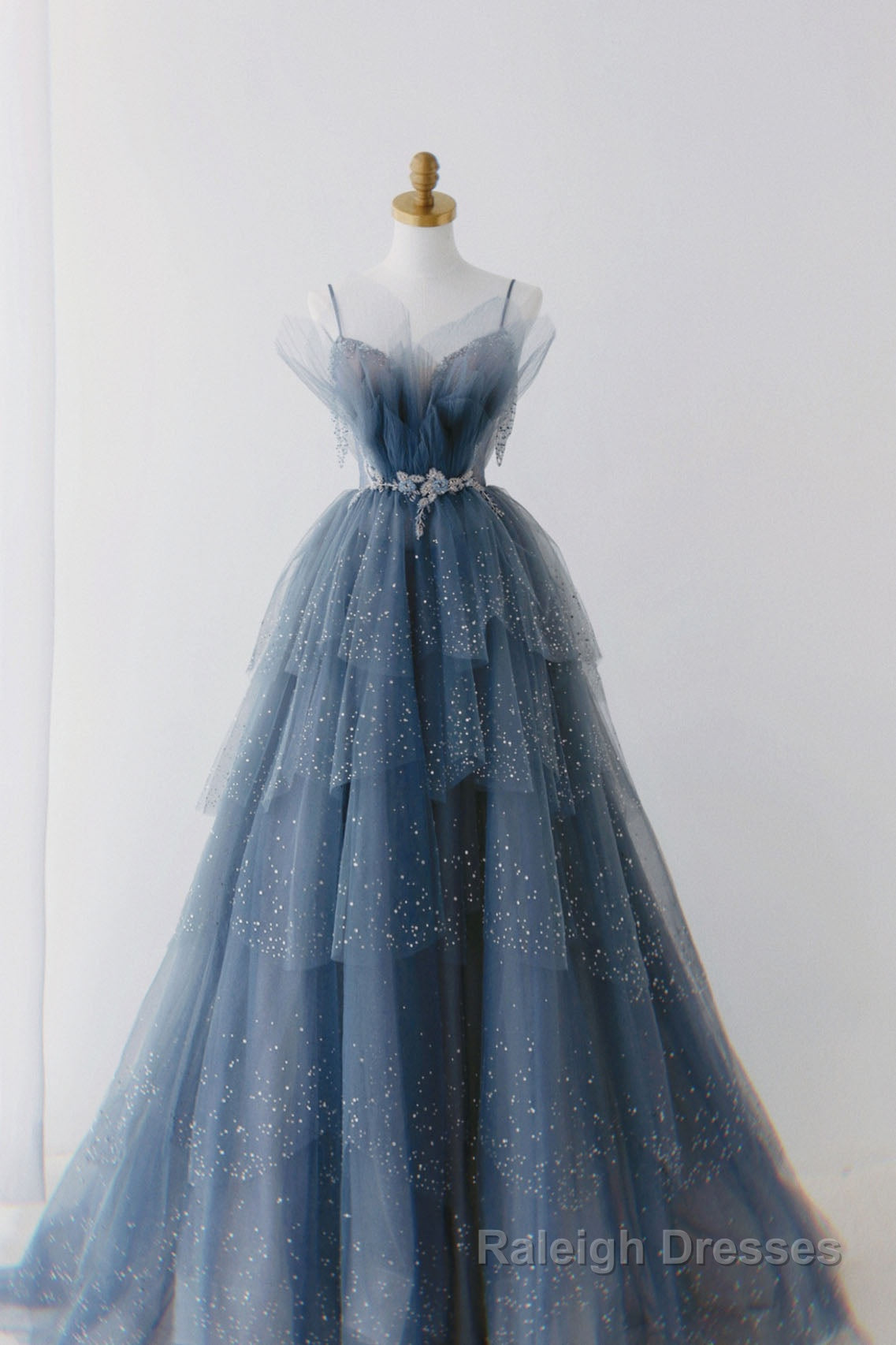 Gorgeous Blue Sparkly Tulle Beaded Prom Dress, Tiered Formal Gowns with Rhinestone
