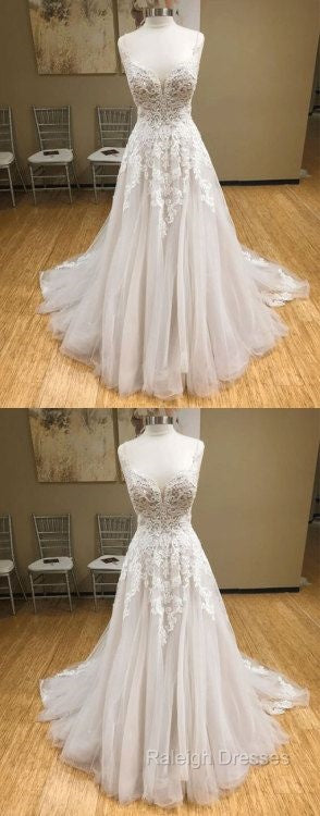 Wh V Neck Tulle Long Prom Dress, Lace Evening Dress, White Lace Wedding Dress Secondary image