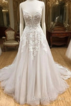 Wh V Neck Tulle Long Prom Dress, Lace Evening Dress, White Lace Wedding Dress