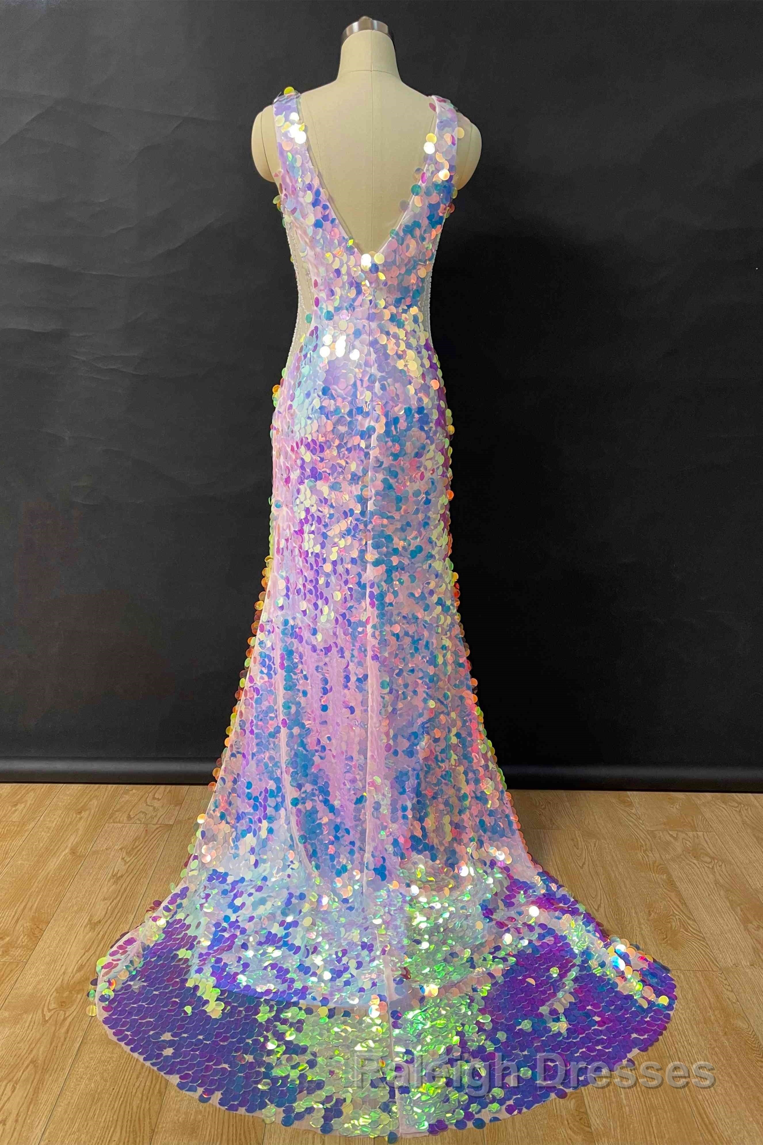 Mermaid V Neck Sequined Long Prom Dresses