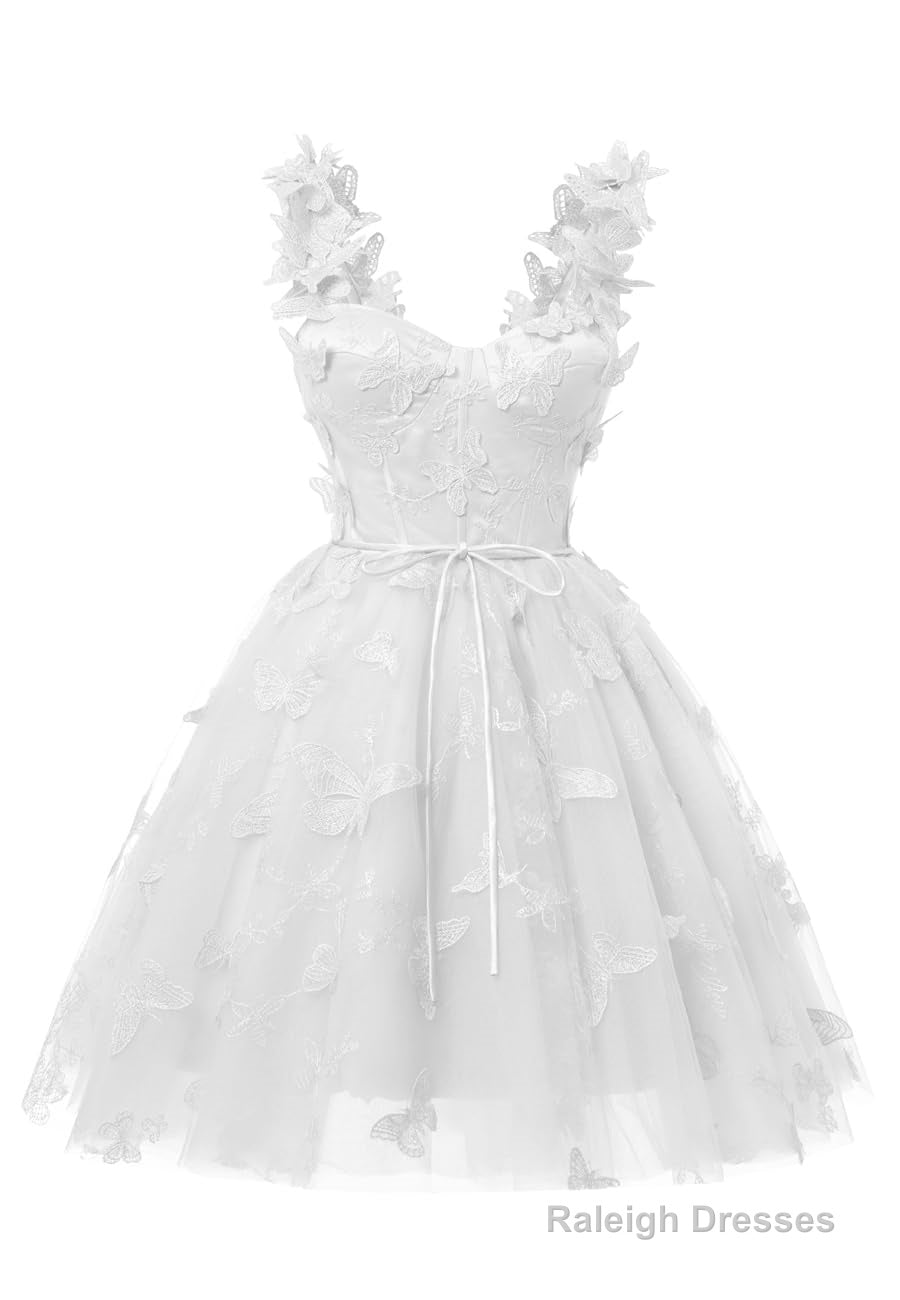 White 3D Butterfly Lace Applique Tulle Homecoming Dress for Teens Sweetheart Mini Short Prom Dresses Main image