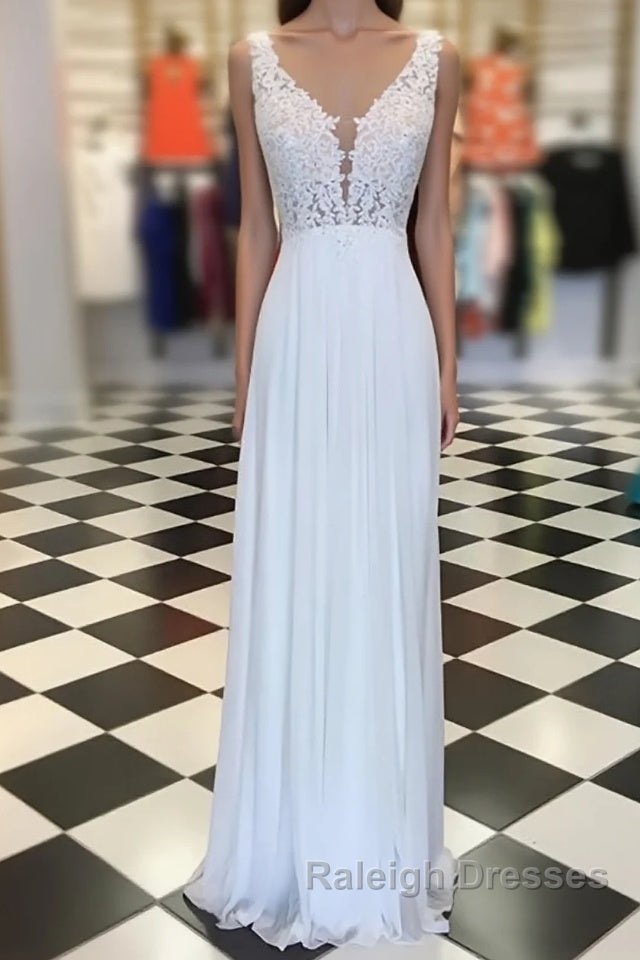 White A-line chiffon lace long prom dress, white bridesmaid dress