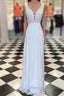 White A-line chiffon lace long prom dress, white bridesmaid dress