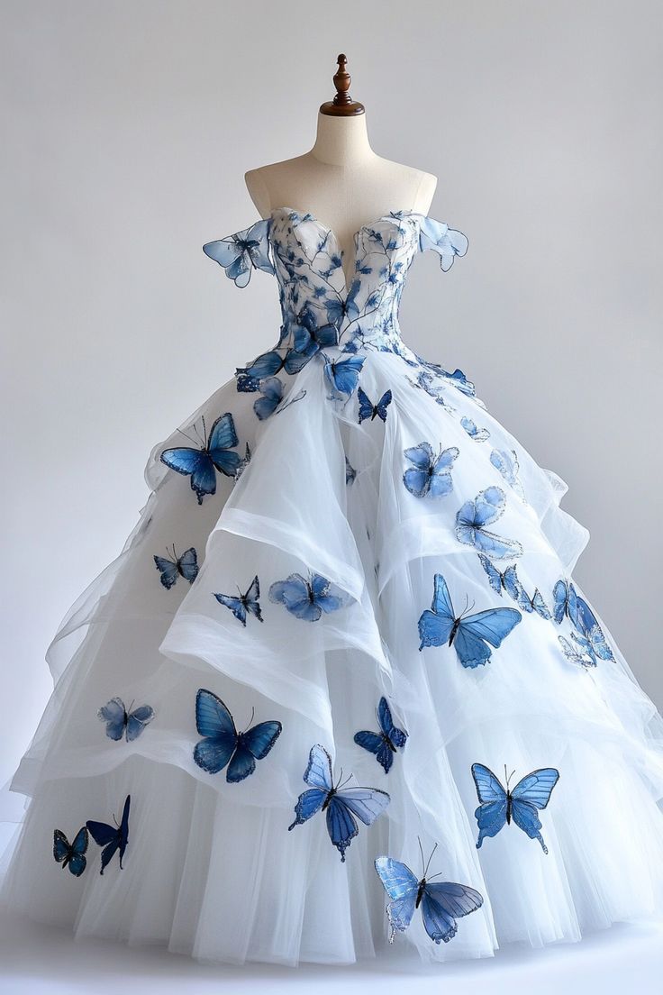 White A-Line Fairytale Tulle Prom Dresses Long With 3D Butterfly Off-The-Shoulder Prom Gowns For Birthday&Quinceanera