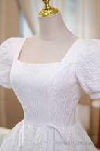 White A-Line Homecoming Dress, Cute Short Sleeve Evening Dress