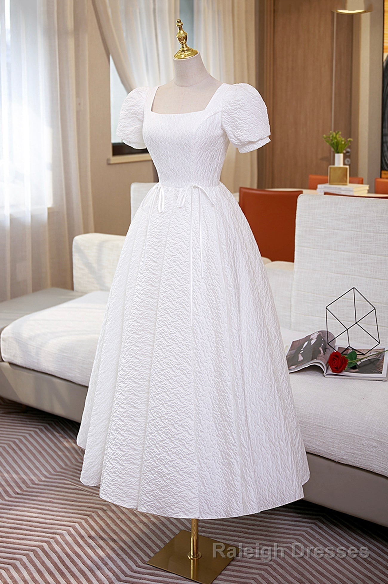 White A Line Homecoming Dress, Cute Short Sleeve Prom Dress