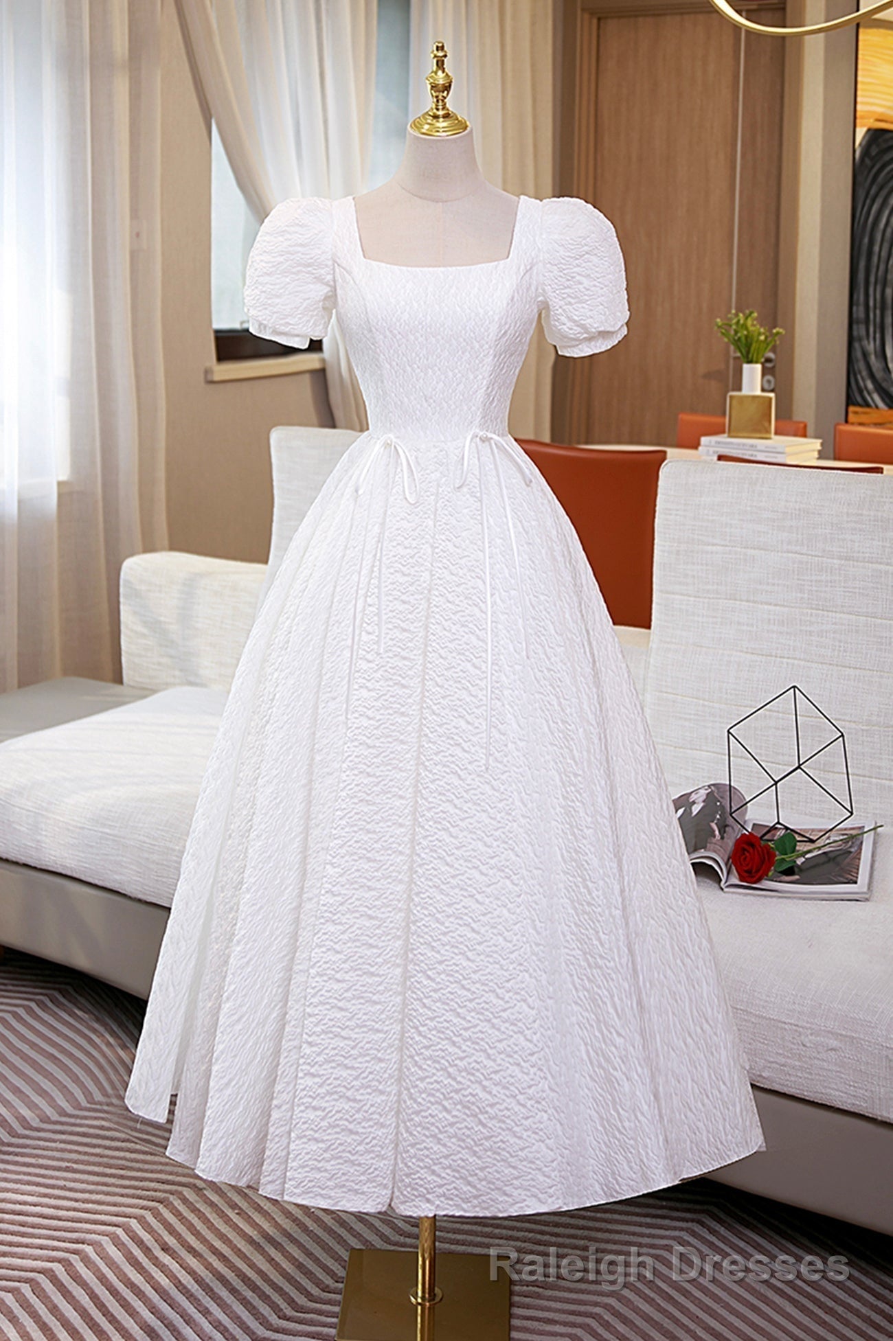 White A-Line Homecoming Dress, Cute Short Sleeve Evening Dress Main image