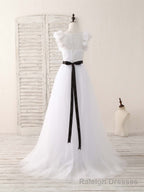 White A Line Lace Tulle Long Prom Dress, White Prom Dress