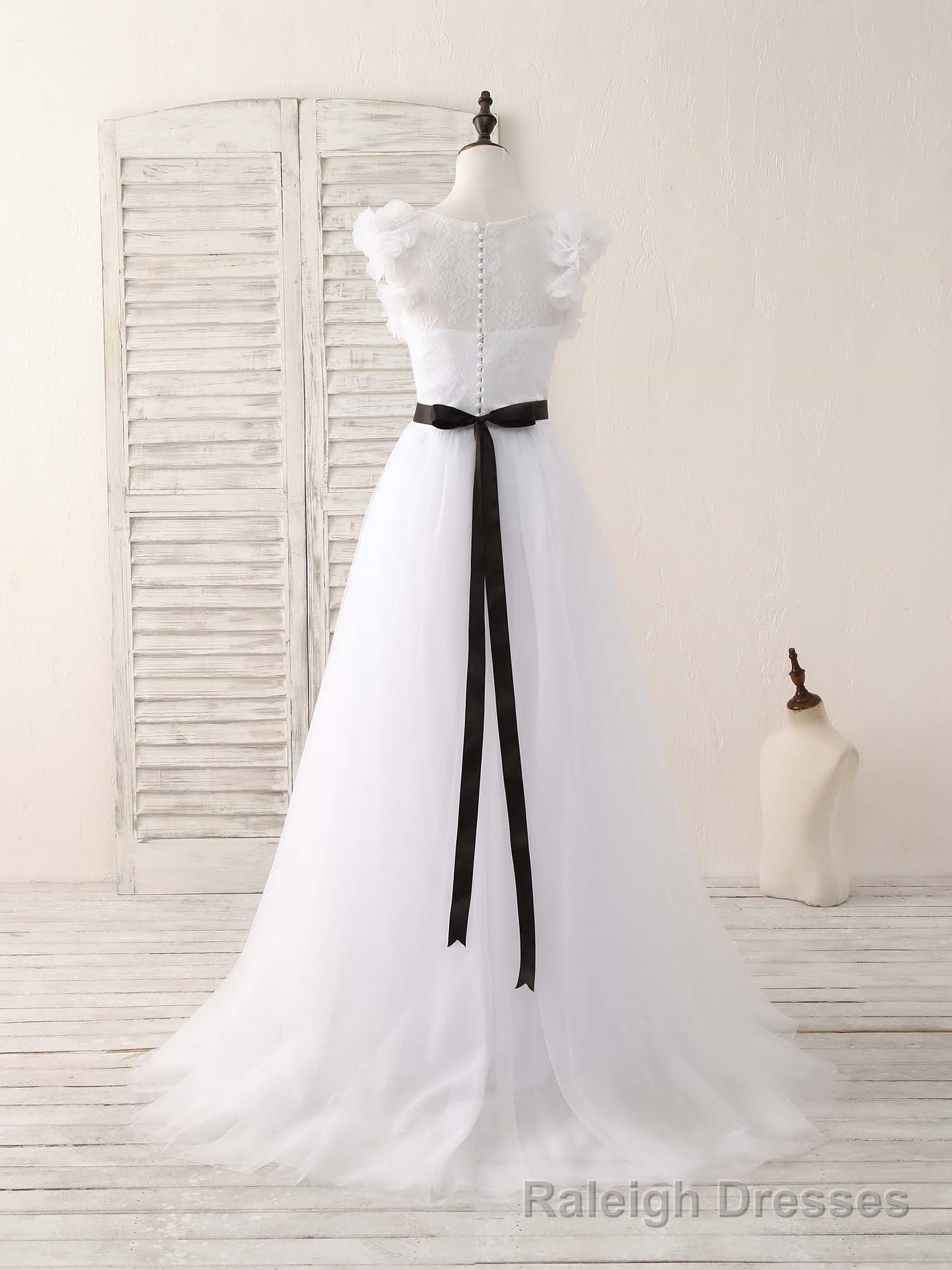 White A-Line Lace Tulle Long Prom Dress, White Evening Dress