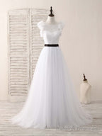 White A Line Lace Tulle Long Prom Dress, White Prom Dress