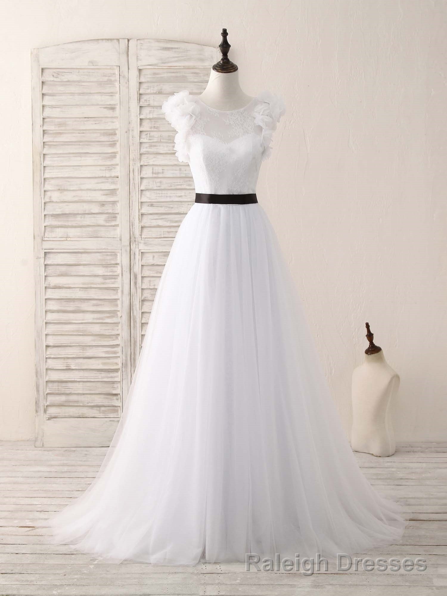 White A Line Lace Tulle Long Prom Dress, White Prom Dress