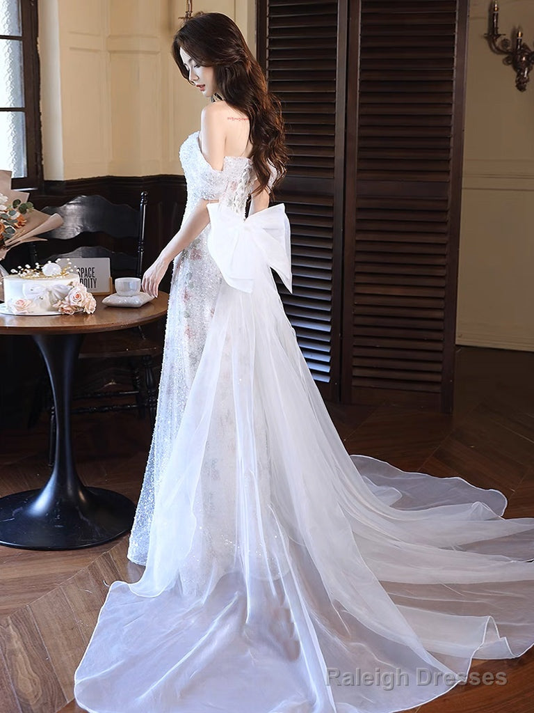 White A-Line Off Shoulder Tulle Long Prom Dresses White Prom Dresses