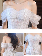 White A-Line Off Shoulder Tulle Long Prom Dresses White Prom Dresses
