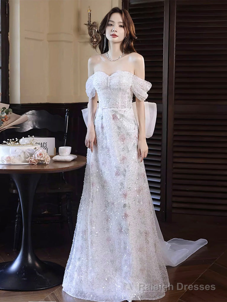 White A-Line Off Shoulder Tulle Long Prom Dresses White Prom Dresses