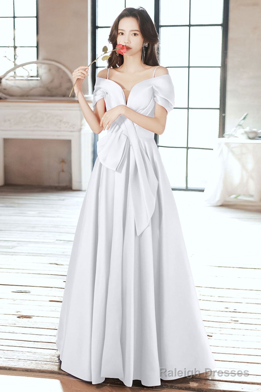 White A-Line Satin Long Prom Dress, White Formal Dress Main image